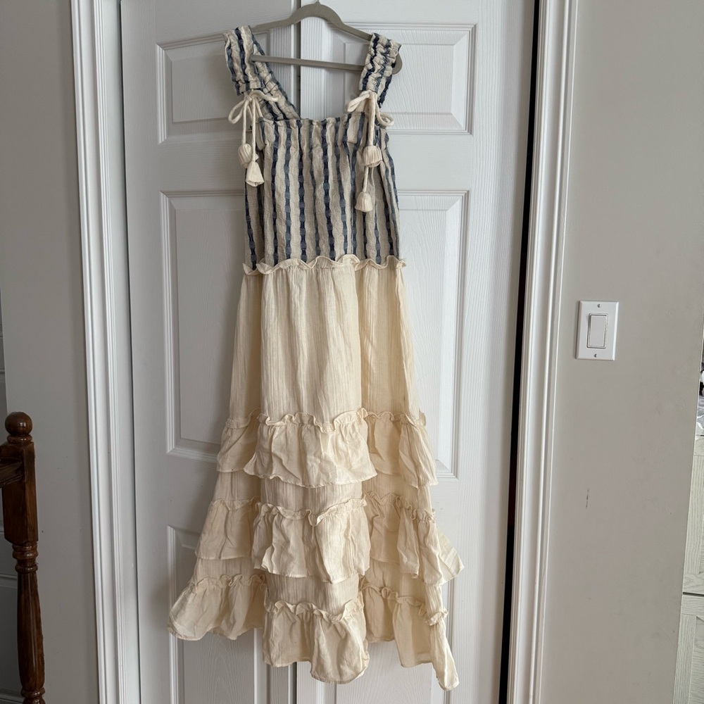 Striped Cream and Blue Ruffle Dress
